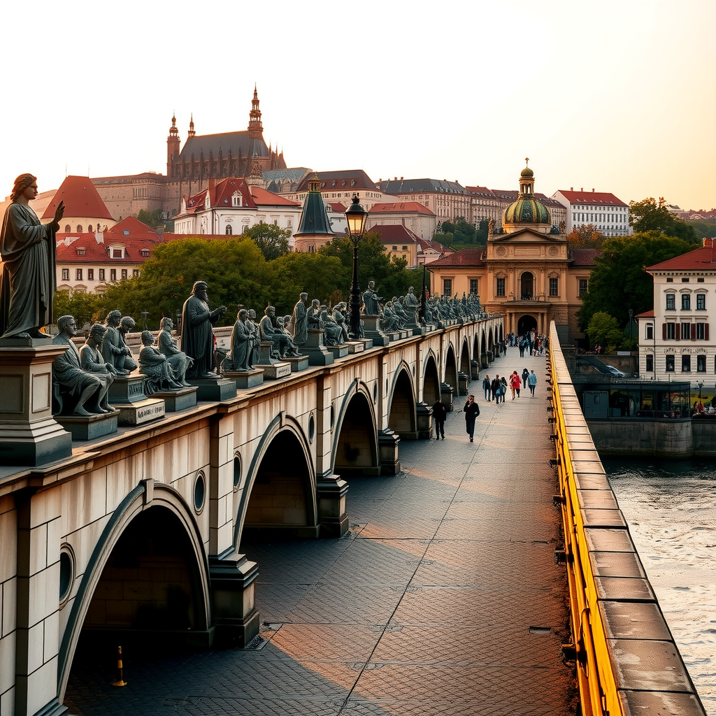 Charles Bridge in Prague at golden hour with historic statues lining the bridge, Prague Castle on hill in background, Vltava River below, and few tourists walking